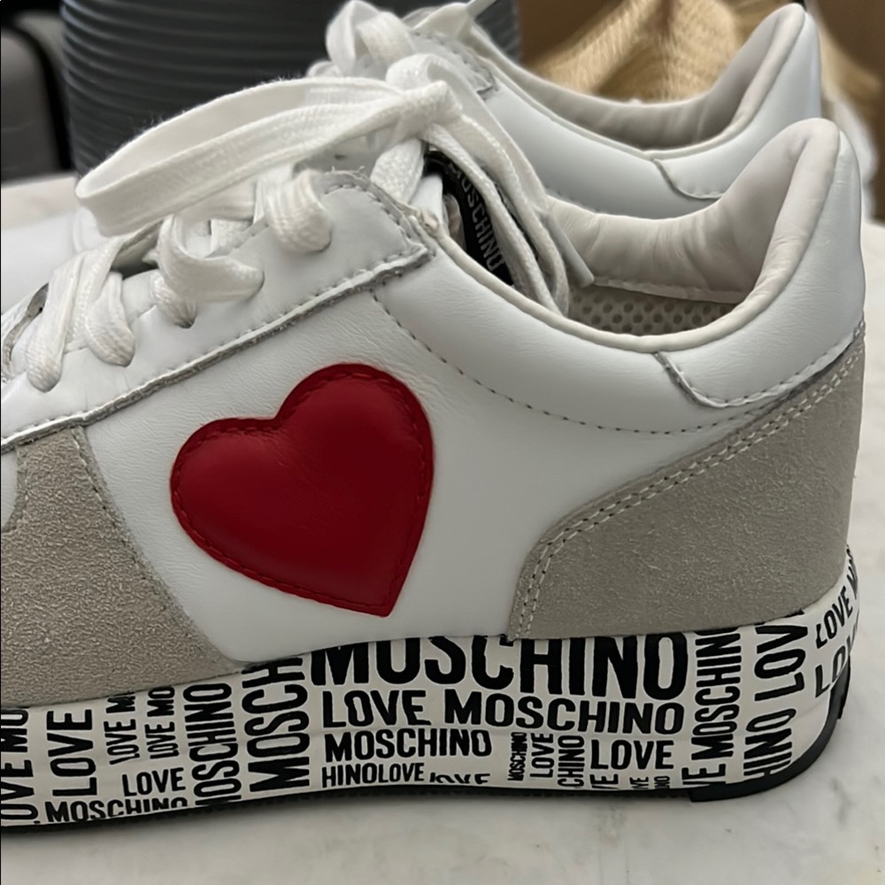 Moschino White and Gray Sneakers with Red Accents